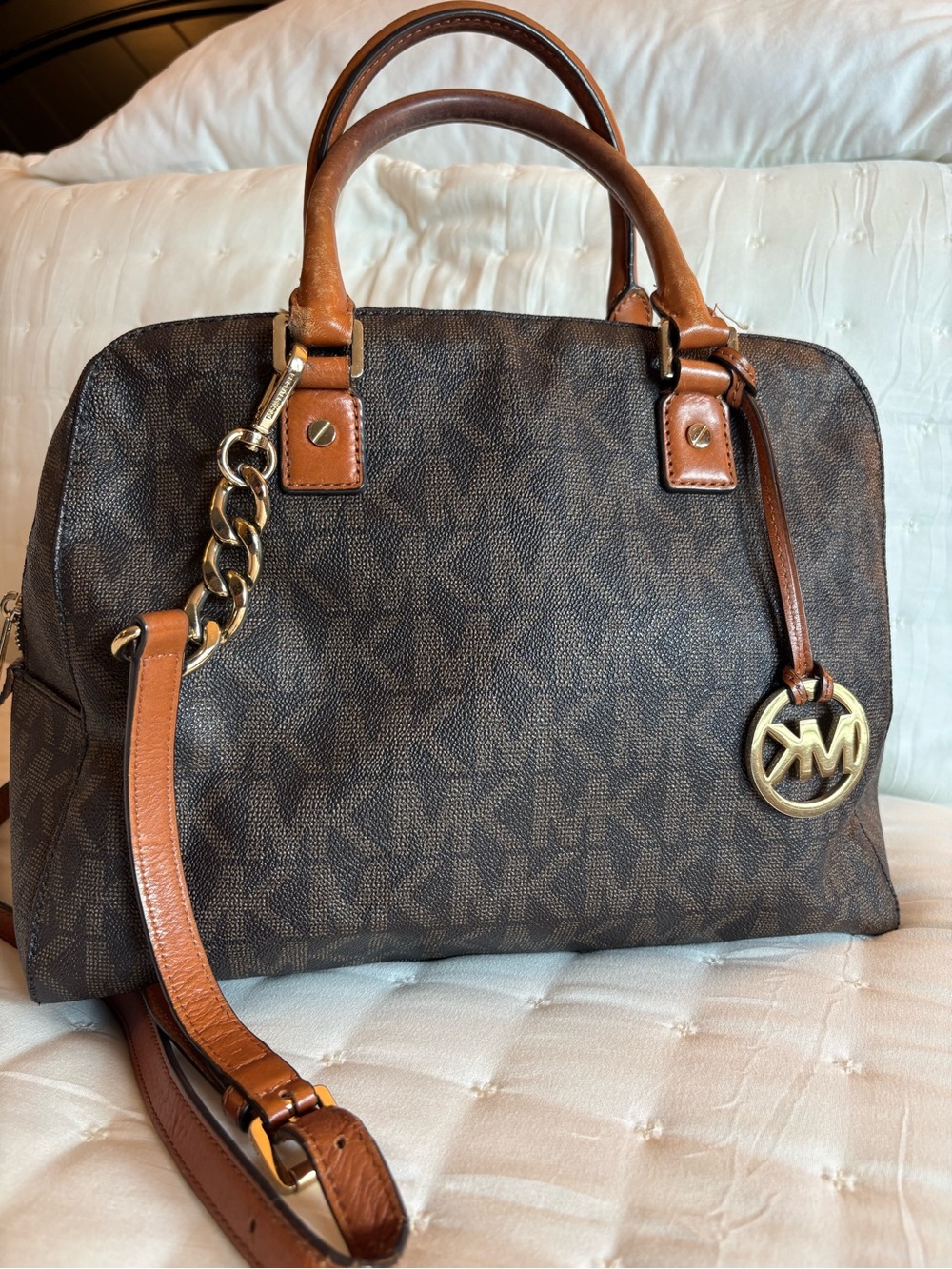 Michael Kors Brown Signature MK Monogram Satchel with Gold Hardware